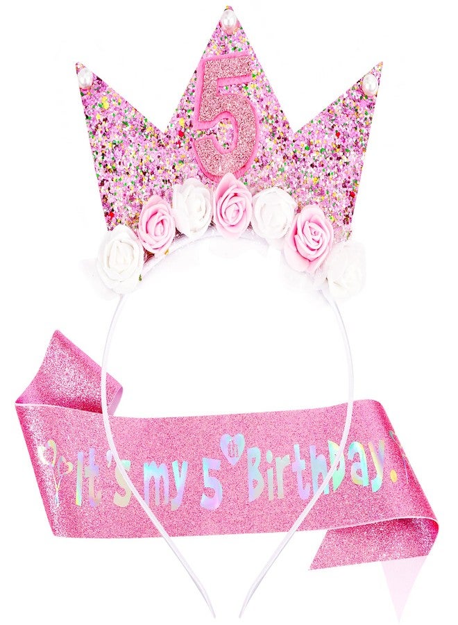 Vovii 5th Birthday Decorations for Girls, Birthday Girl Headband & Glitter Sash Set for 5 Year Old Girl Birthday Decorations, Birthday Flower Princess Crown Headband for Happy 5th Birthday Girl Outfit - Image 1