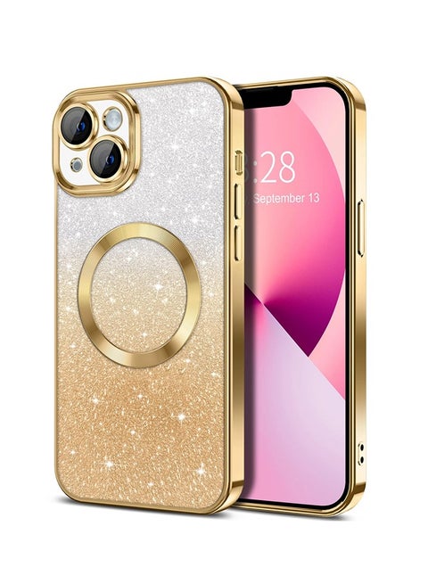 iPhone 15 Plus Case Clear Magnetic Glitter Phone Cases [Compatible with MagSafe] Full Camera Lens Protector Slim Gradient Sparkle Luxury Plating Shockproof Protective Cover Women