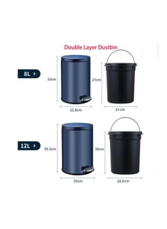 Generic Stainless Steel Double Layer Dustbin with Pedal and Lid For Bathroom Kitchen,Silent Lidded Trash Bin,Fingerprint-Proof Modern Garbage Can,Round Bucket with Handle for Home Office (Black, 12L)  - Image 3