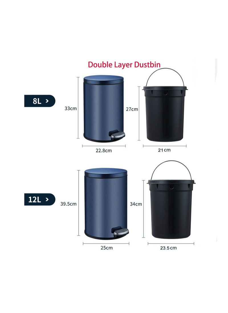 Generic - Stainless Steel Double Layer Dustbin with Pedal and Lid For Bathroom Kitchen,Silent Lidded Trash Bin,Fingerprint-Proof Modern Garbage Can,Round Bucket with Handle for Home Office (Black, 12L) - Image 1