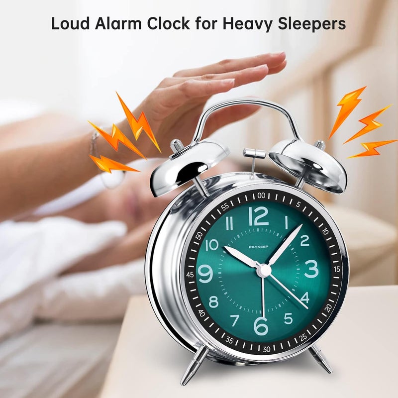 Peakeep Loud Alarm Clock for Heavy Sleepers Adults, Metal 4.5" Twin Bell Battery Operated Alarm Clocks for Bedrooms Decoration (Peacock Green) - Image 2