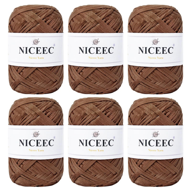 NICEEC 6 Skeins Soft Tape Yarn Easy Crohcet Raffia Crochet Knitting Paper Ribbon Yarn for DIY Craft Gift Wrapping Total Length 176oz6109yds6 Chocolate
