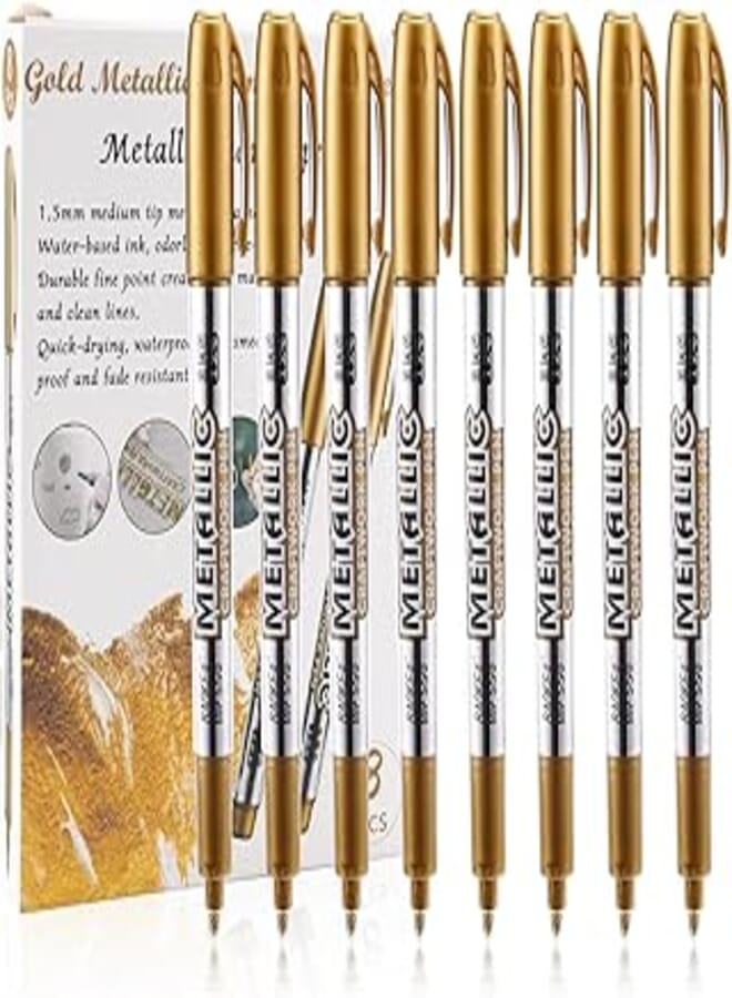 Looneng Metallic Marker Pens, Gold Metallic Permanent Markers for DIY Scrapbooking, Crafts, Artist Illustration, Value Set of 8