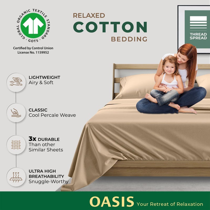 THREAD SPREAD 100% Organic Cotton Sheets Queen Size - 4 PC Organic Cotton Queen Size Percale Weave Sheet Set, Soft, Cooling, Crisp & Breathable, 16" Deep Pocket Hotel Quality Bedding Set - Taupe - Image 2