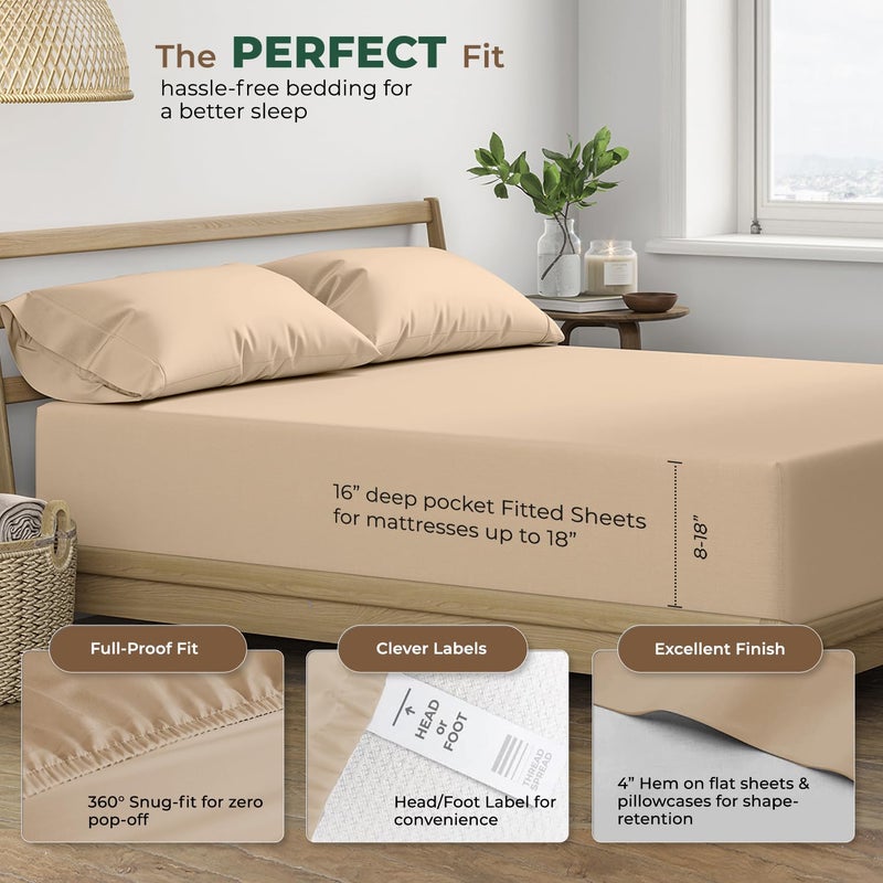 THREAD SPREAD 100% Organic Cotton Sheets Queen Size - 4 PC Organic Cotton Queen Size Percale Weave Sheet Set, Soft, Cooling, Crisp & Breathable, 16" Deep Pocket Hotel Quality Bedding Set - Taupe - Image 4