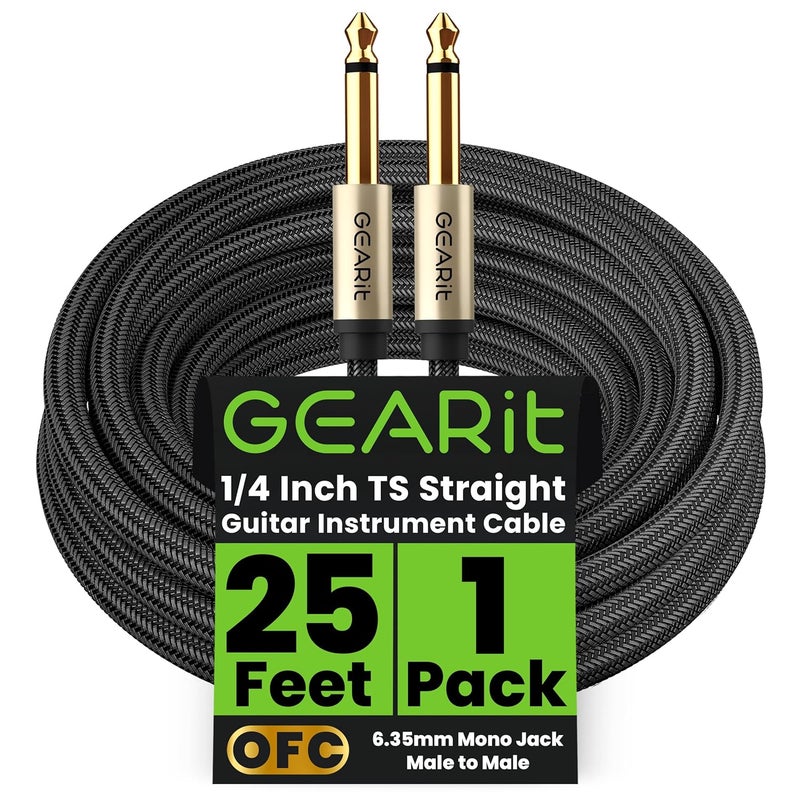 GearIT كابل آلة الجيتار (25 قدم) 1/4 بوصة إلى 1/4 بوصة TS مستقيم ذكر إلى ذكر 6.35 مم جاك مونو مع موصل سبيكة وضفيرة نايلون - Image 1