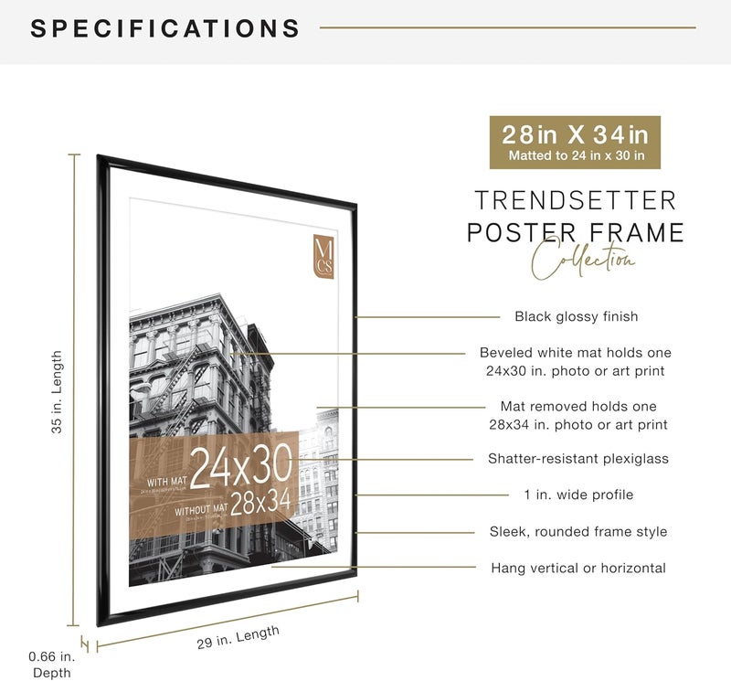 MCS Trendsetter 28x34 Poster Frame, Display Pictures 24x30 With Mat or 28x34 Without Mat, Vertical & Horizontal Wall Hanging Large Picture Frame for Photos & Posters, Black (1-Pack) - Image 4