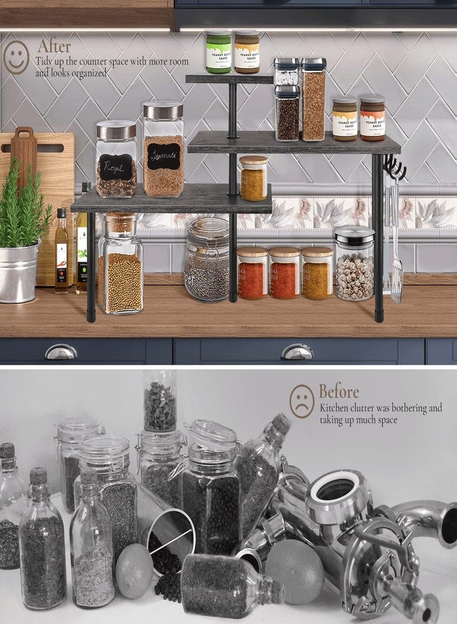 BCOZLUX Kitchen Countertop Organizer, 3 Tier Corner Counter Shelf with Metal Hooks, Bathroom Counter Organizers and Storage, Tiered Wood Spice Rack, Rustic Gray - Image 4