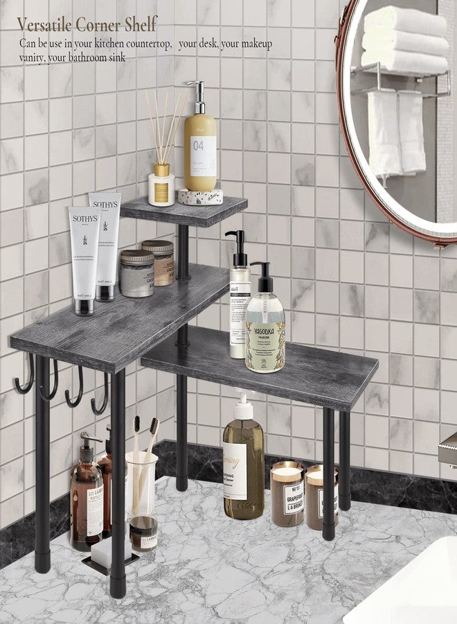 BCOZLUX Kitchen Countertop Organizer, 3 Tier Corner Counter Shelf with Metal Hooks, Bathroom Counter Organizers and Storage, Tiered Wood Spice Rack, Rustic Gray - Image 2
