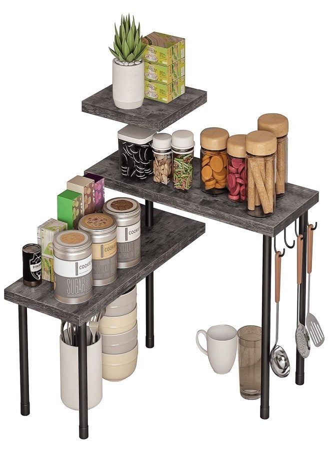 BCOZLUX Kitchen Countertop Organizer, 3 Tier Corner Counter Shelf with Metal Hooks, Bathroom Counter Organizers and Storage, Tiered Wood Spice Rack, Rustic Gray - Image 1