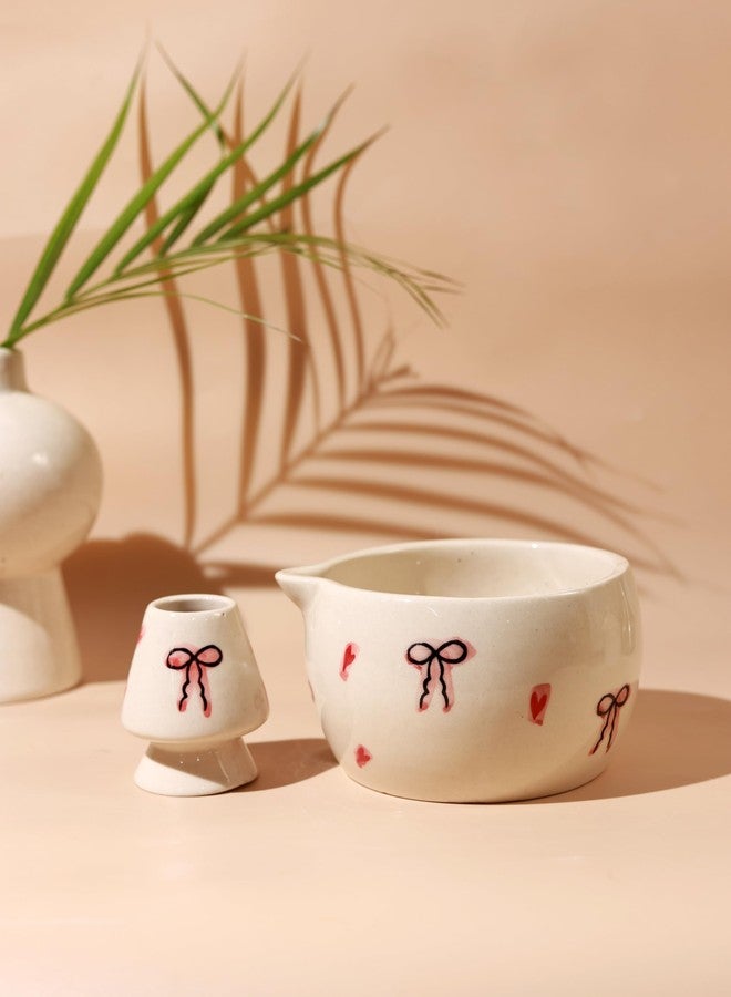 Craftribal Handmade Ceramic Ribbon Matcha Bowl with Whisk Holder – Pottery Chawan for Japanese Tea Ritual, Matcha Lovers & Gifting|Bowl - 5.5 inches|Holder-2.5 inches|Design-Ribbon - Image 1