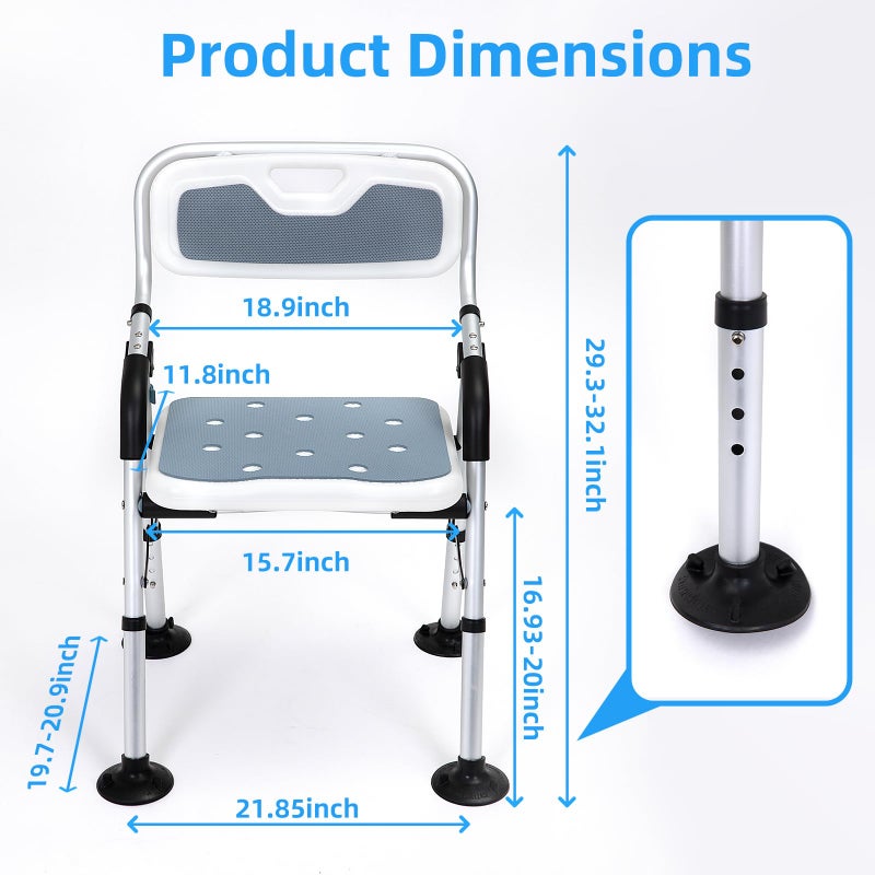 Fasjloctavty Shower Chair for Inside Shower,Foldable Shower Chair for Elderly and Disabled, Adjustable Height Chairs with Padded Arms and Back for Bathroom,Compact and Comfortableï¼ŒRegular Standard - Image 3