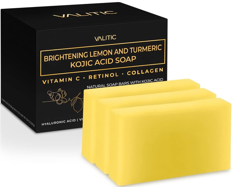 VALITIC Brightening Lemon  Turmeric Kojic Acid Soap with Vitamin C Retinol Collagen  Original Japanese Complex Infused with Hyaluronic Acid Vitamin E Shea Butter Castile Olive Oil 3 Pack
