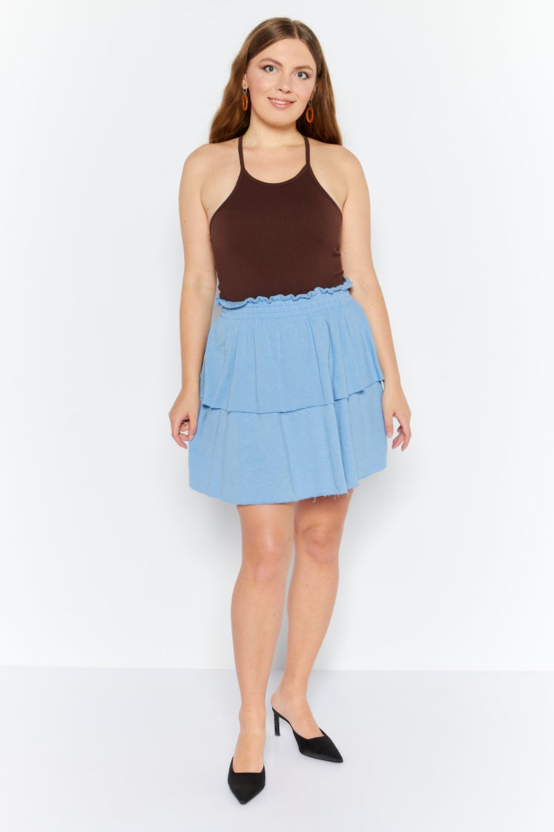 Planet Gold Women Solid Tiered Mini Skirt, Blue  - Image 4