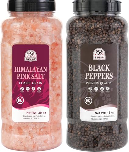 52USA Whole Black Peppercorns 18 oz  Himalayan Pink Salt Coarse Grain 39 oz Salt and Pepper Grinder Black Peppercorn Refil Kosher Salt for Grinder Refill Pink Himalayan Sea Salt 2 Piece Set - Image 1