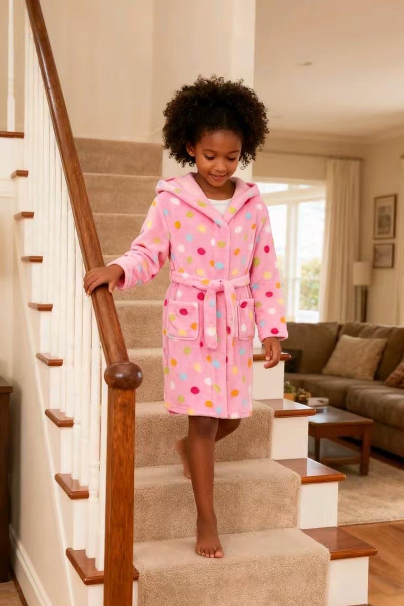 HDOBHIO Girls Fleece Hooded Robe Warm Sleepwear for Toddler Kids Soft Fuzzy Bathrobe Gifts Pink Dots 4-5 Years - Image 4