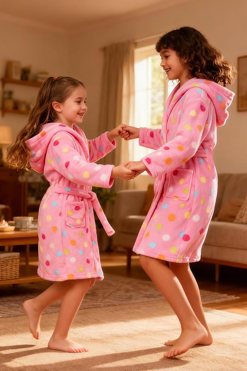 HDOBHIO Girls Fleece Hooded Robe Warm Sleepwear for Toddler Kids Soft Fuzzy Bathrobe Gifts Pink Dots 4-5 Years - Image 5