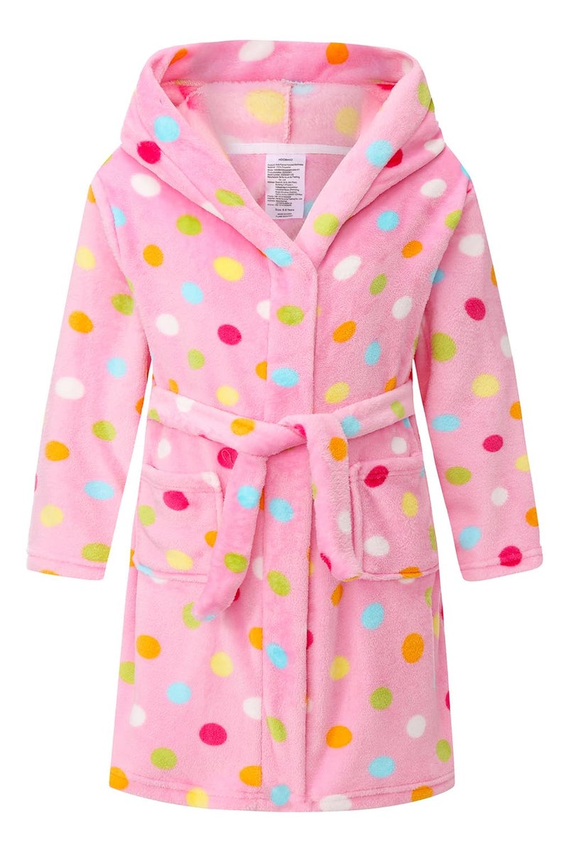 HDOBHIO Girls Fleece Hooded Robe Warm Sleepwear for Toddler Kids Soft Fuzzy Bathrobe Gifts Pink Dots 4-5 Years - Image 1