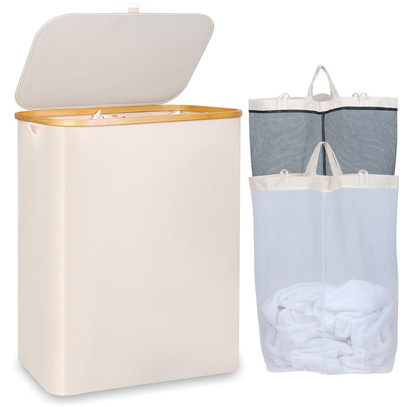 iEGrow 150L Laundry Basket with Lid Large Laundry Hamper with Bamboo Handle Collapsible Dirty Clothes Hamper Organizer with Removable Inner Bag for Clothes Toys Towels  Beige