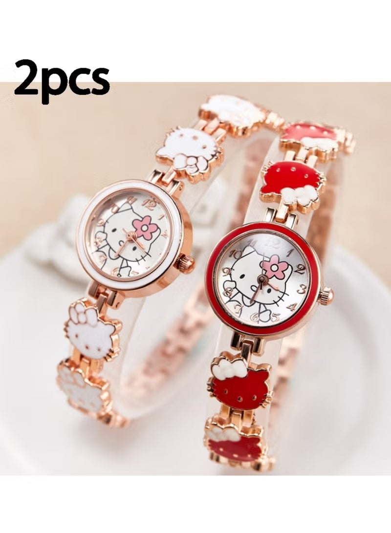 Hello Kitty 2pcs Fashionable And Cute Kid Children's Bracelet Steel Strap Watch - Image 1