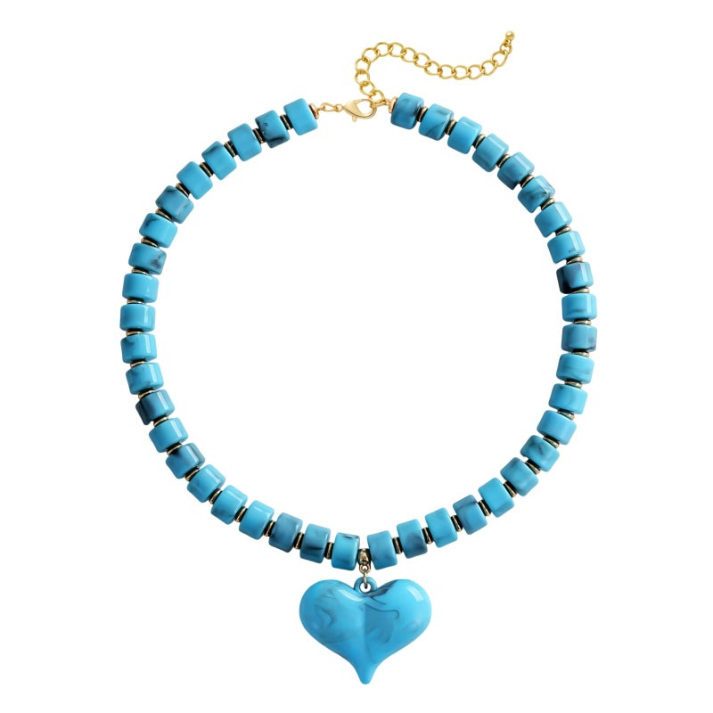 YUJIE Chunky Heart Necklace for Women - Boho Colorful Acrylic Resin Beaded Pendant Necklace with Gold Spacers, Trendy Y2K Statement Choker for Summer Beach Vacation(blue) - Image 1