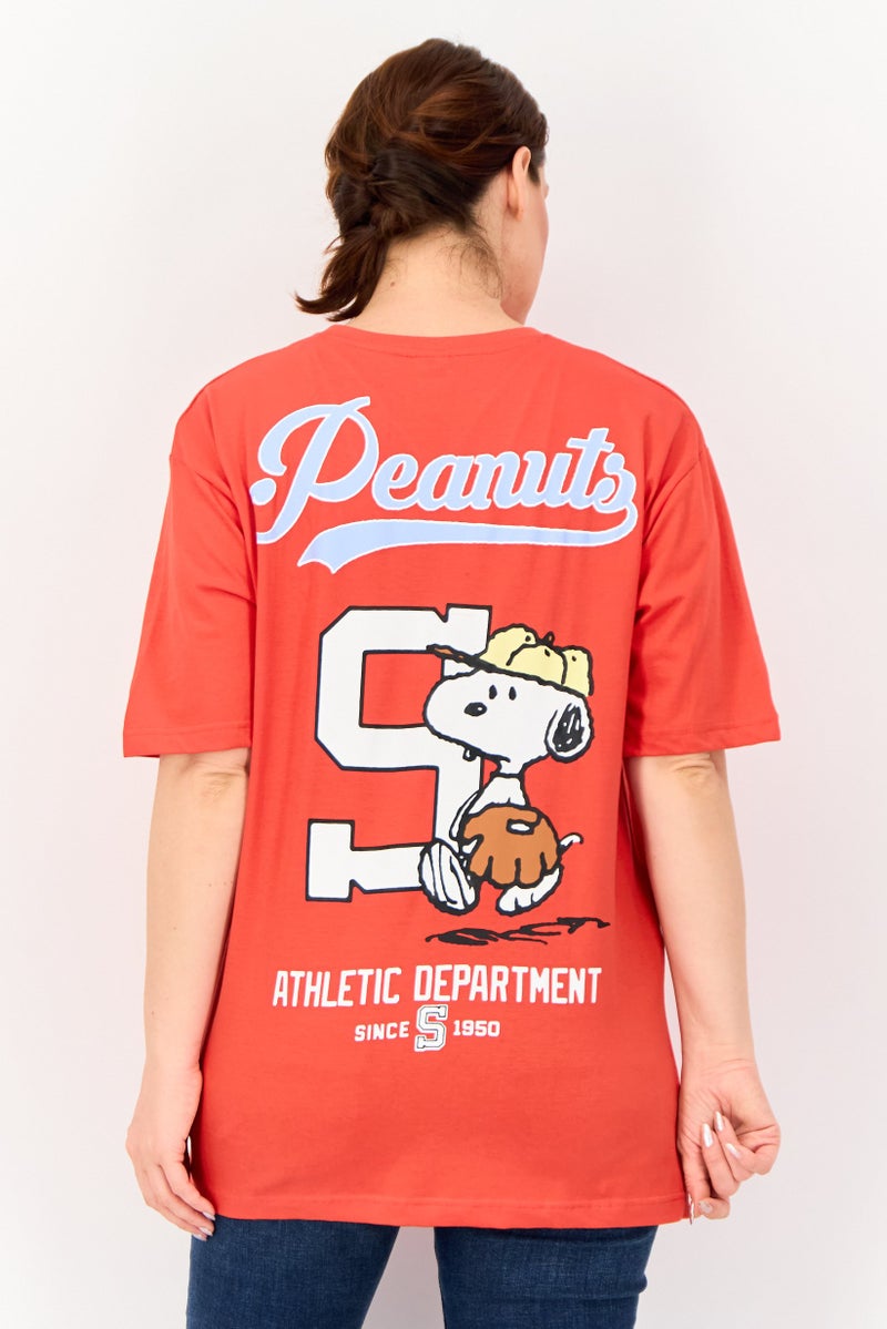 Peanuts تي شيرت مزخرف بأكمام قصيرة و ياقة دائرية للنساء، أحمر - Image 3