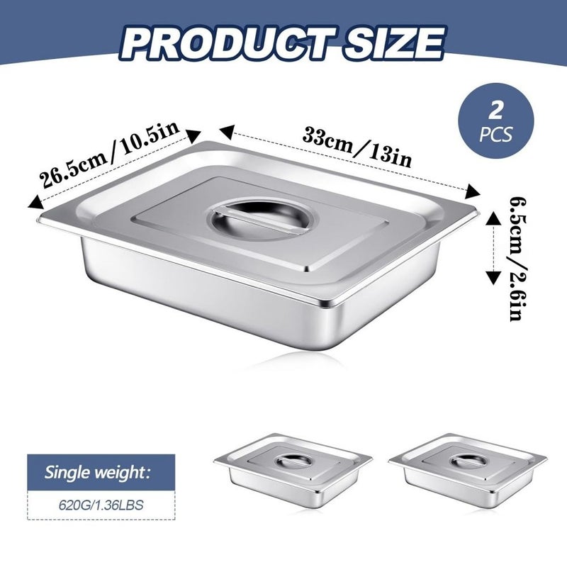 2 Pcs Silvery Stainless Steel 1 2 Size Steam Table Pan With Lid 2 6 Inch Deep Hotel Pan Reusable Anti Rust Restaurant Supplies For Cooking Home Party Buffet - Image 3