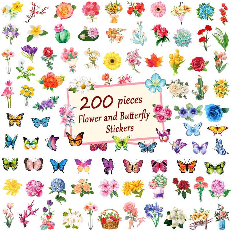 YAMIOW 200Pcs Transparent Flower Butterfly Stickers, Aesthetic Nature Floral Decals for Girls Kids Teens Adults, Waterproof Sticker for Water Bottle Scrapbooking Laptop DIY Card Letters Party Supplies - Image 2