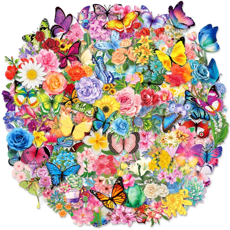 YAMIOW 200Pcs Transparent Flower Butterfly Stickers, Aesthetic Nature Floral Decals for Girls Kids Teens Adults, Waterproof Sticker for Water Bottle Scrapbooking Laptop DIY Card Letters Party Supplies - Image 1