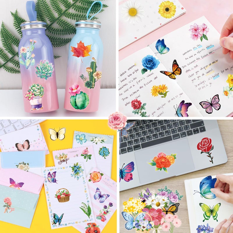 YAMIOW 200Pcs Transparent Flower Butterfly Stickers, Aesthetic Nature Floral Decals for Girls Kids Teens Adults, Waterproof Sticker for Water Bottle Scrapbooking Laptop DIY Card Letters Party Supplies - Image 4