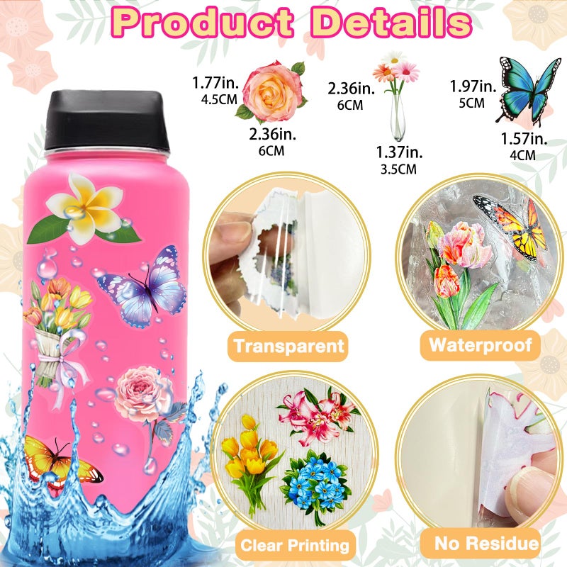 YAMIOW 200Pcs Transparent Flower Butterfly Stickers, Aesthetic Nature Floral Decals for Girls Kids Teens Adults, Waterproof Sticker for Water Bottle Scrapbooking Laptop DIY Card Letters Party Supplies - Image 3