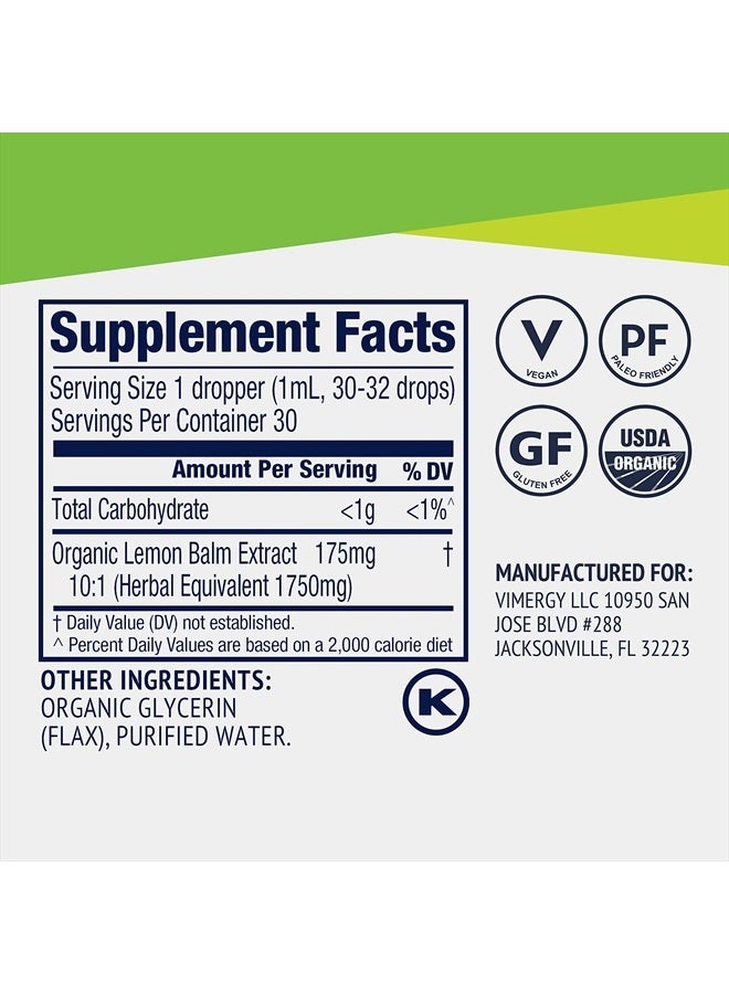 Vimergy مستخلص بلسم الليمون العضوي من وزارة الزراعة الأمريكية، 30 حصة – يدعم الشعور بالهدوء والاسترخاء – تخفيف من التوتر العصبي العرضي – خالي من الكحول – خالي من الغلوتين، غير معدل وراثيًا، كوشير، نباتي و باليو (30 مل) - Image 4