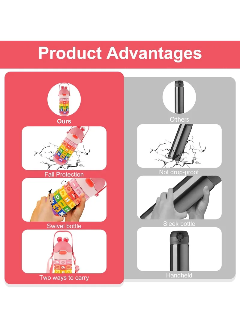 Mobcos Mobcos Kids Math's Learning Water Bottle - Stainless Steel, Vacuum Insulated, Leak Proof with Straw &amp; Strap, BPA Free and Portable 430ml (Pink)