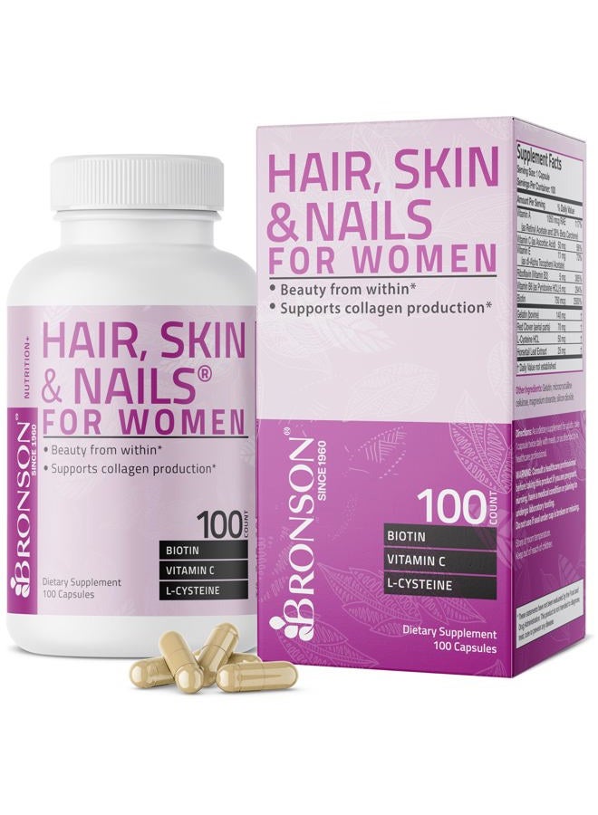 Bronson Hair, Skin & Nails with Biotin Extra Strength Vitamin Supplement for Women, 100 Capsules - Image 1