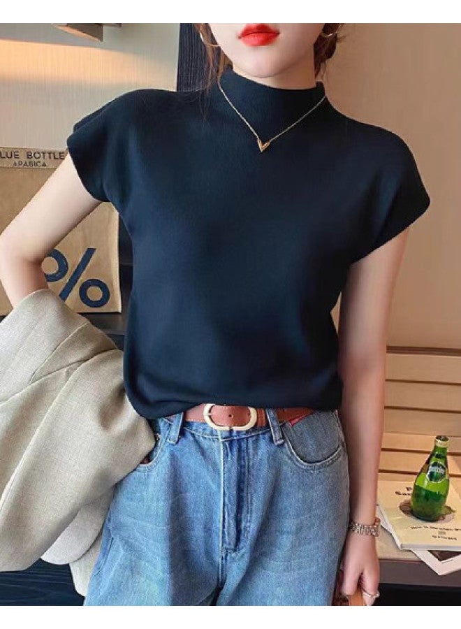 pincai Spring And Summer Knitted Short Sleeve T-Shirt Women'S French Chic Inner Wear Semi-High Neck Base Layer Outer Wear Slim Fit Casual Top - Image 1
