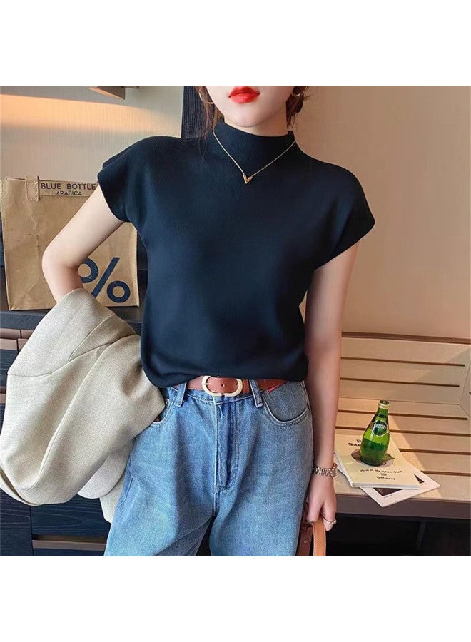 pincai Spring And Summer Knitted Short Sleeve T-Shirt Women'S French Chic Inner Wear Semi-High Neck Base Layer Outer Wear Slim Fit Casual Top - Image 2