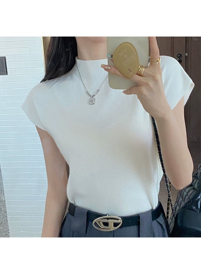 pincai Spring And Summer Knitted Short Sleeve T-Shirt Women'S French Chic Inner Wear Semi-High Neck Base Layer Outer Wear Slim Fit Casual Top - Image 3