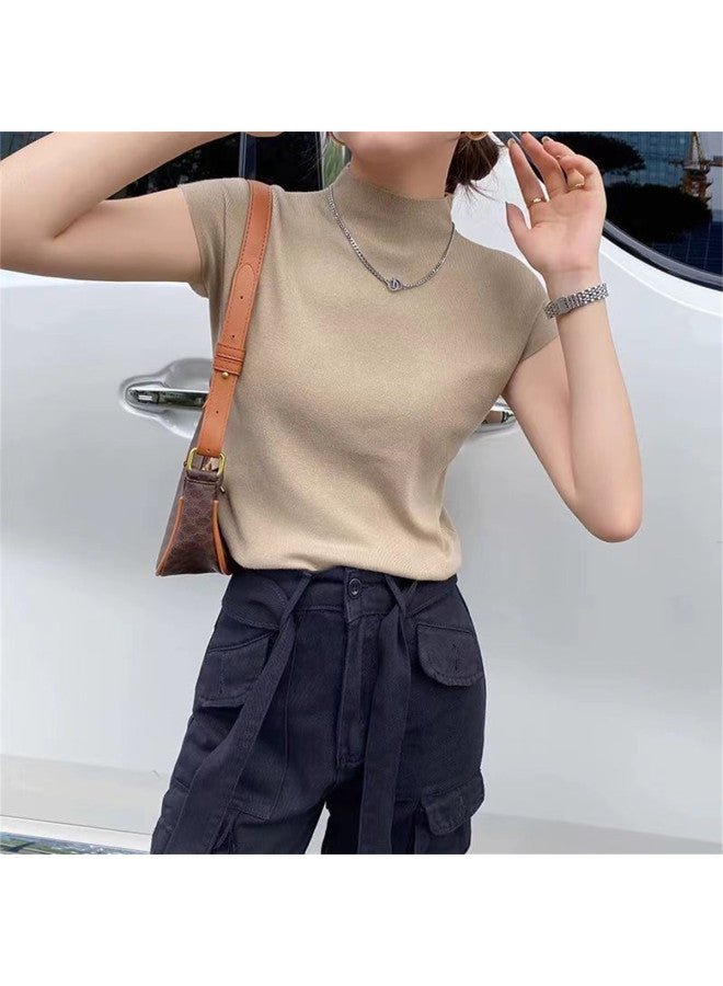 pincai Spring And Summer Knitted Short Sleeve T-Shirt Women'S French Chic Inner Wear Semi-High Neck Base Layer Outer Wear Slim Fit Casual Top - Image 5