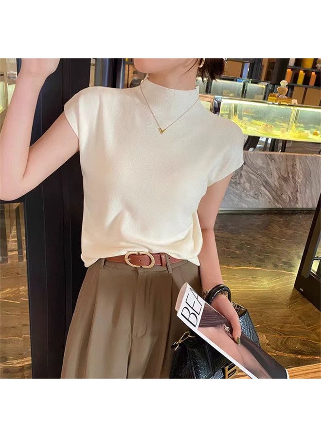 pincai Spring And Summer Knitted Short Sleeve T-Shirt Women'S French Chic Inner Wear Semi-High Neck Base Layer Outer Wear Slim Fit Casual Top - Image 4