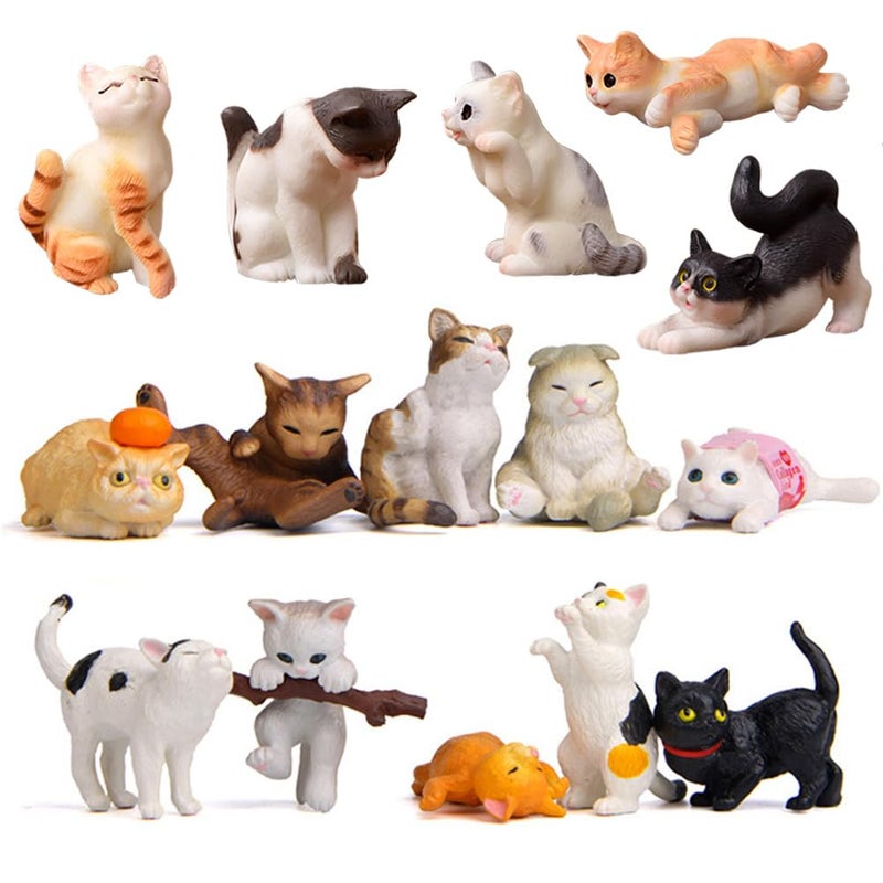 DOYIFUN 15 Pcs Cute Cat Animal Characters Toy Figure Mniature Cat Collection Figurines Payset Mini Garden Decor Cake Toppers Automobile Decoration