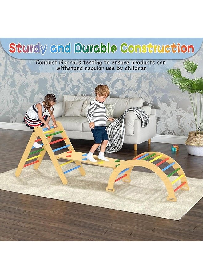 Baby Climbing Toys Indoor Playground 5-in-1 Rainbow Pikler Triangle Set 3Pcs Wooden Rainbow Montessori Climbing Set for 3+ Years Old Baby Suitable for Park Indoor Outoor Home (4 color)