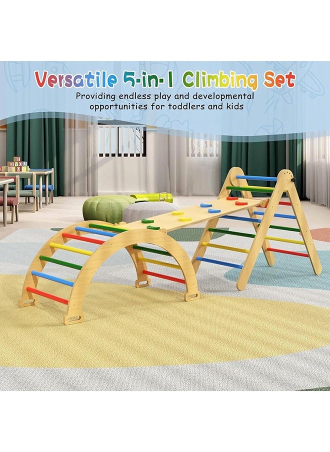 Baby Climbing Toys Indoor Playground 5-in-1 Rainbow Pikler Triangle Set 3Pcs Wooden Rainbow Montessori Climbing Set for 3+ Years Old Baby Suitable for Park Indoor Outoor Home (4 color)