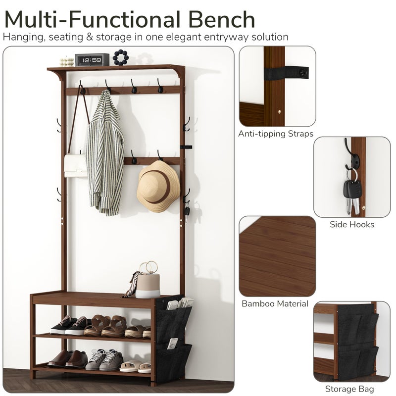 AMBIRD Hall Tree with bench and shoe storage, Entryway Bench with shoe storage, 6-in-1 Coat Rack with Cloth Bag and 12 Coat Hooks, Sturdy Bamboo Frame, Brown 31 * 15 * 70 Inches - Image 5