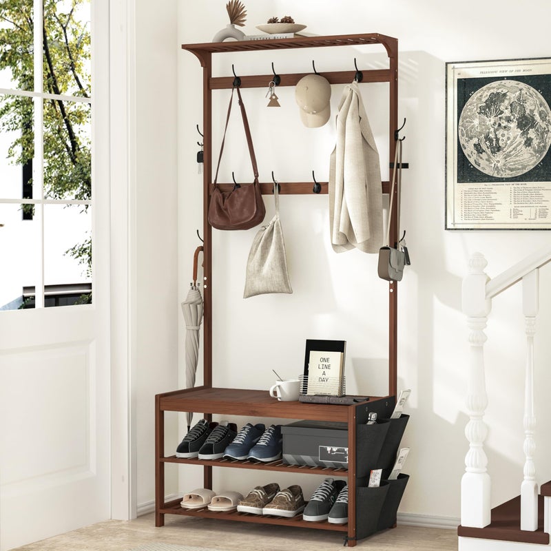 AMBIRD Hall Tree with bench and shoe storage, Entryway Bench with shoe storage, 6-in-1 Coat Rack with Cloth Bag and 12 Coat Hooks, Sturdy Bamboo Frame, Brown 31 * 15 * 70 Inches - Image 1