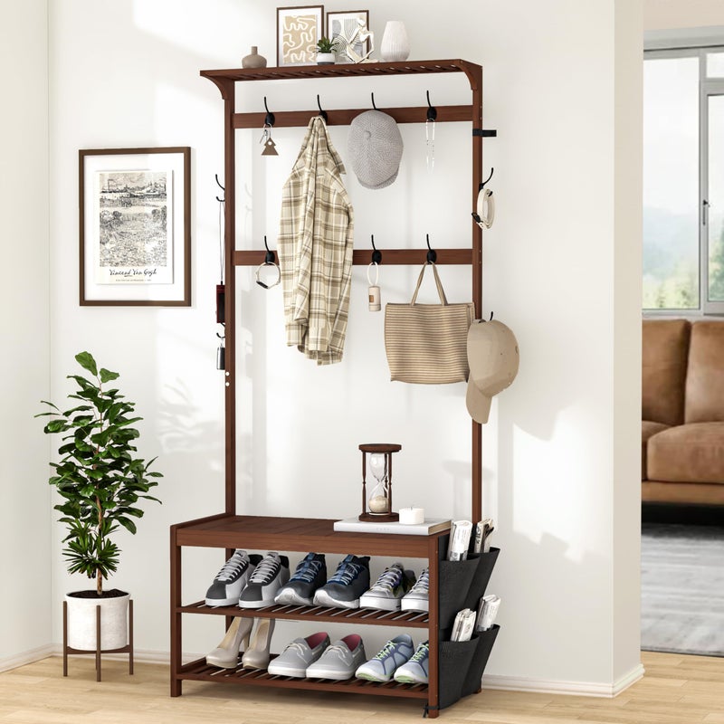 AMBIRD Hall Tree with bench and shoe storage, Entryway Bench with shoe storage, 6-in-1 Coat Rack with Cloth Bag and 12 Coat Hooks, Sturdy Bamboo Frame, Brown 31 * 15 * 70 Inches - Image 3