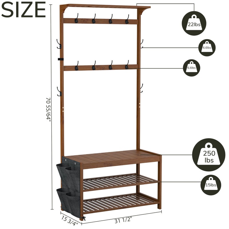 AMBIRD Hall Tree with bench and shoe storage, Entryway Bench with shoe storage, 6-in-1 Coat Rack with Cloth Bag and 12 Coat Hooks, Sturdy Bamboo Frame, Brown 31 * 15 * 70 Inches - Image 2