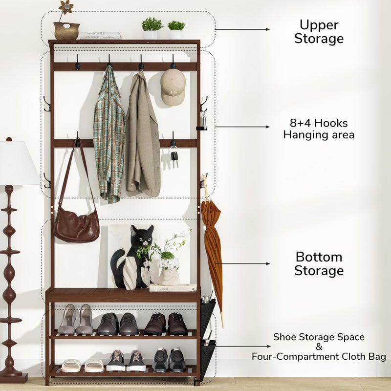 AMBIRD Hall Tree with bench and shoe storage, Entryway Bench with shoe storage, 6-in-1 Coat Rack with Cloth Bag and 12 Coat Hooks, Sturdy Bamboo Frame, Brown 31 * 15 * 70 Inches - Image 4