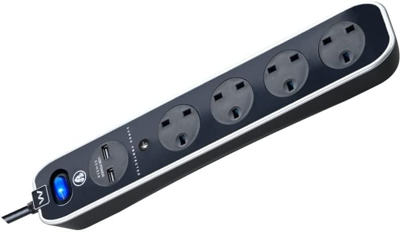 ماستربلاج مقبس تمديد خطي عالي اللمعان محمي من الصواعق بأربعة مقابس مع منفذي USB (أسود، 4 أمتار) - Image 4