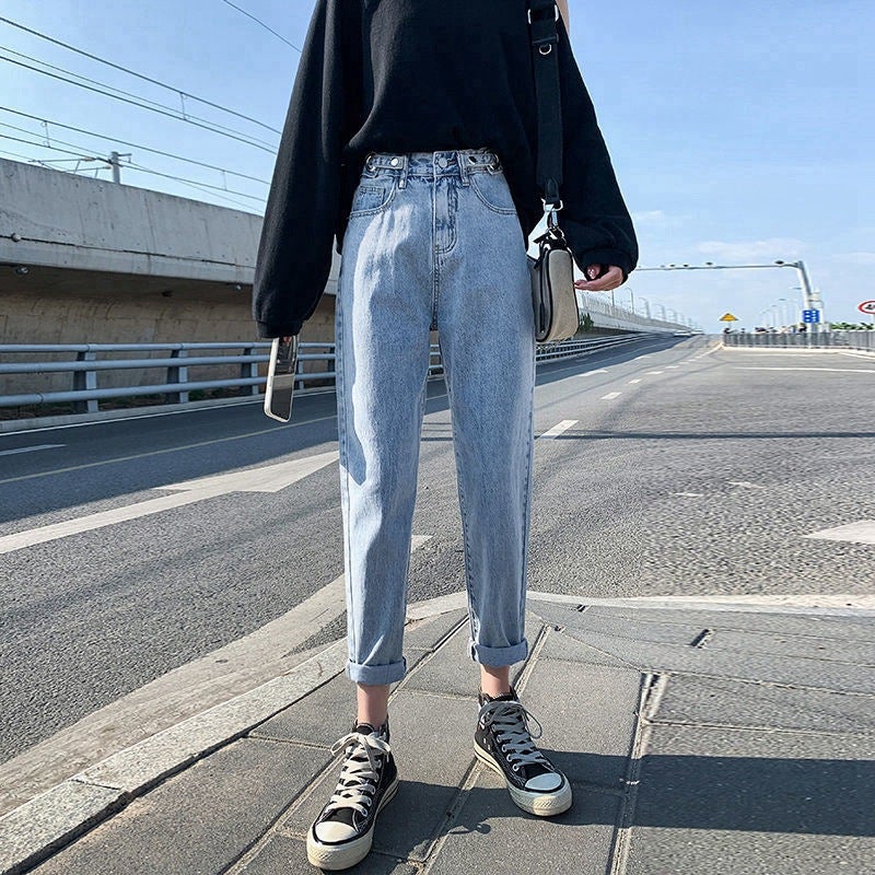 Korean Style Waist Adjustable Straight Jeans Female Students High Waist Torre Pants Loose Slimming Cropped Carrot Harem Pants - Image 1