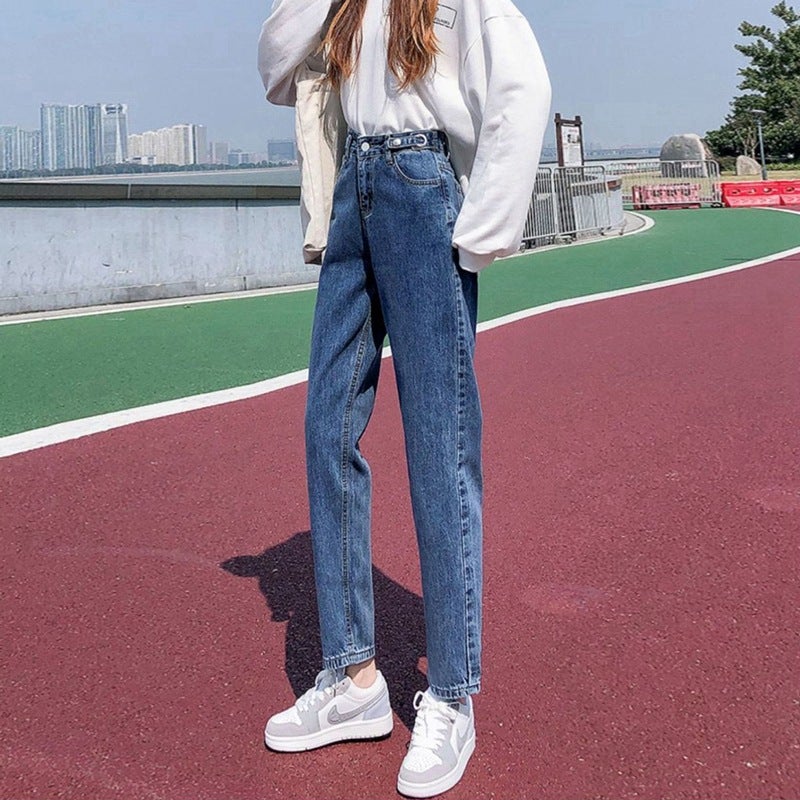 Korean Style Waist Adjustable Straight Jeans Female Students High Waist Torre Pants Loose Slimming Cropped Carrot Harem Pants - Image 4